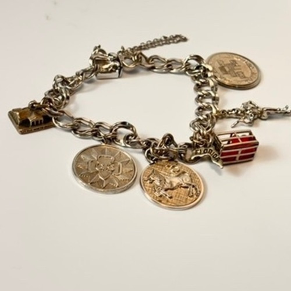 Vintage Sterling Silver Charm Bracelet Silver Travel Souvenir Coins Florida Boho - Picture 5 of 16